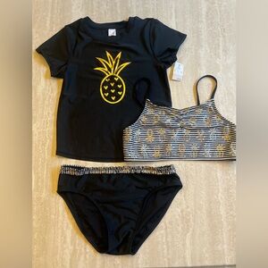 Girls Cat & Jack 3 Piece Swim Set Gold & Black Pineapple - Size XL